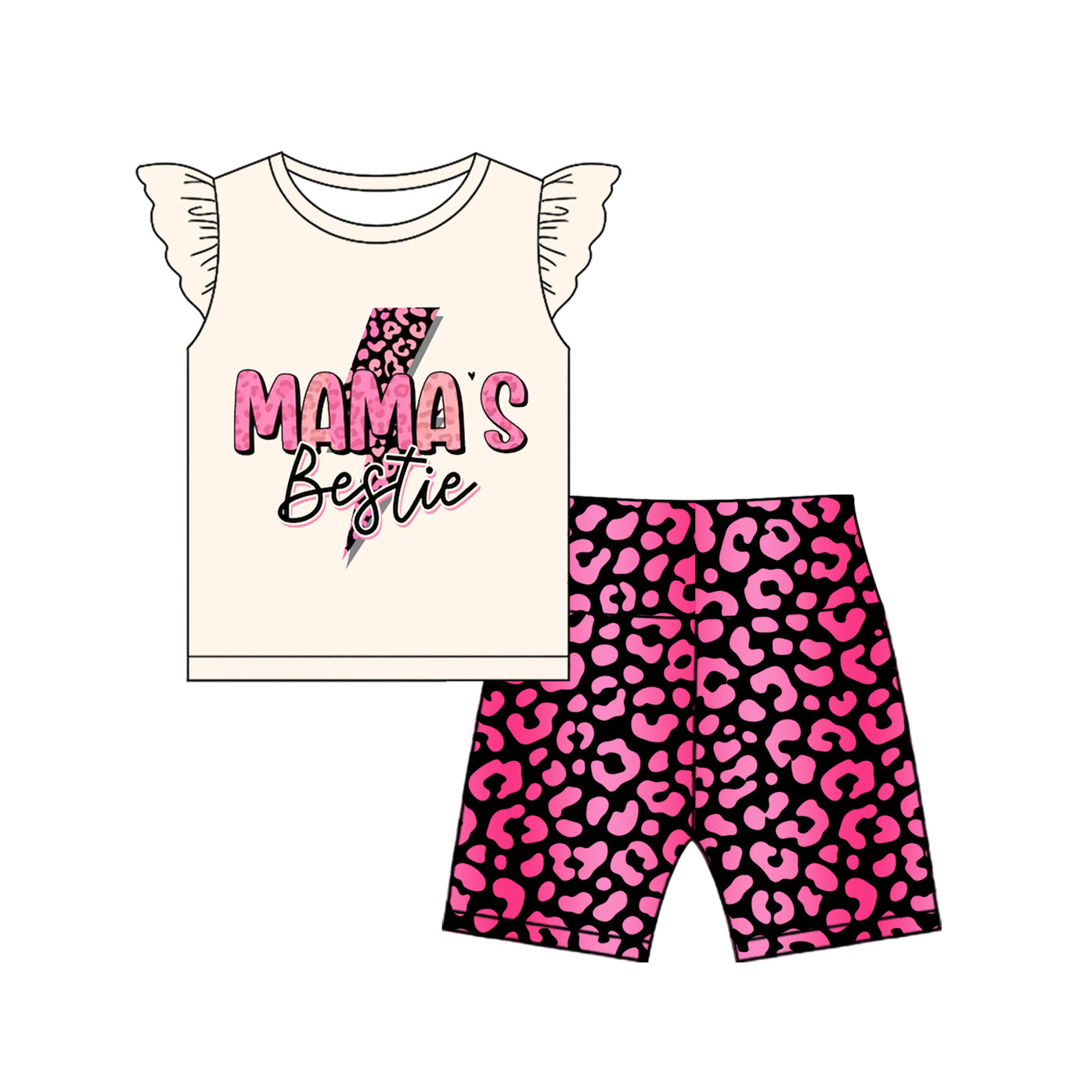 Baby Girls Flutter Sleeves Mama's Bestie Top Leopard Short Set Preorder