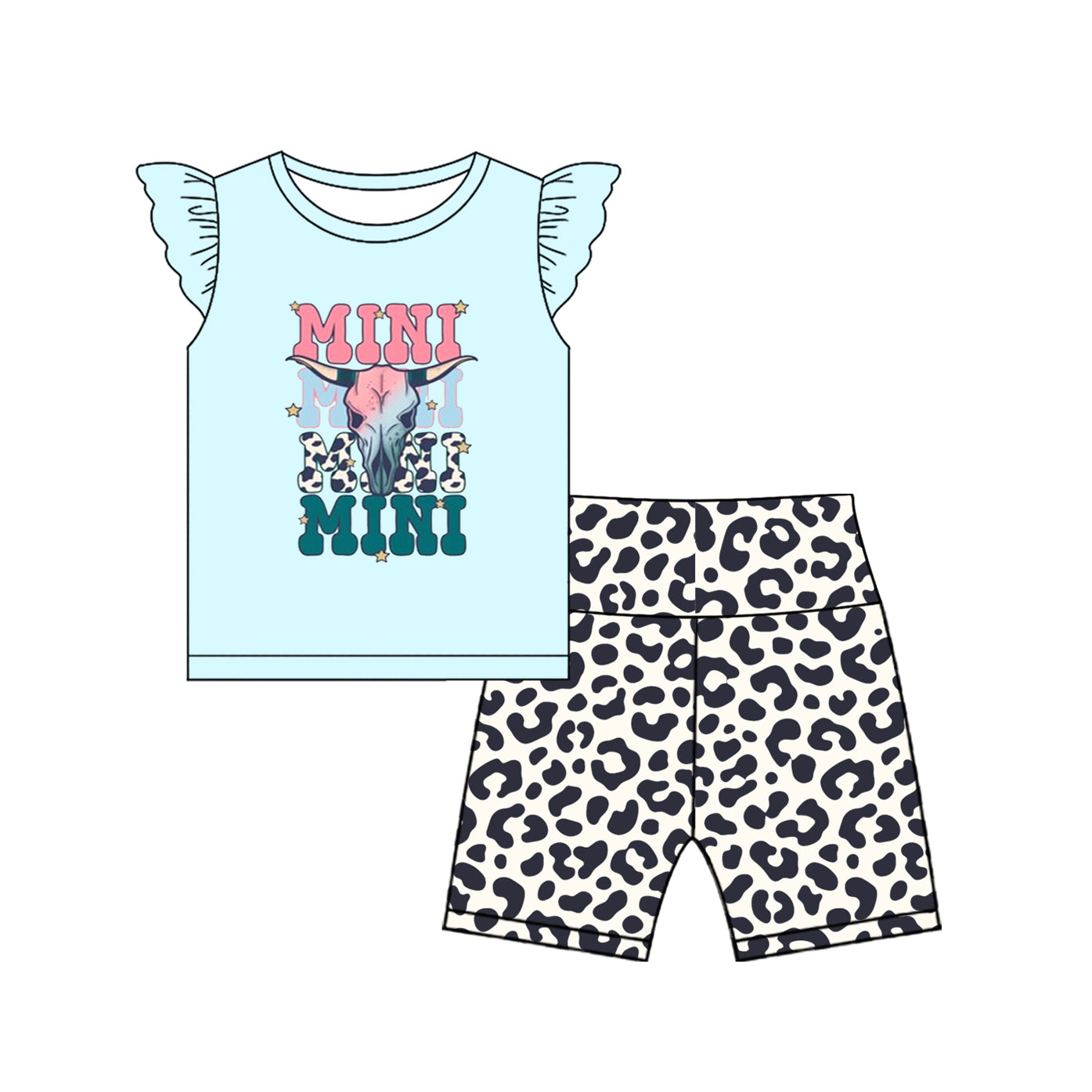Baby Girls Aqua Flutter Sleeves Mini Bull Skull Top Leopard Short Set Preorder