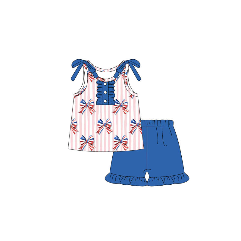 Baby Girls Sleeveless Button Bows Top Blur Short 4th Of July Set Preorder