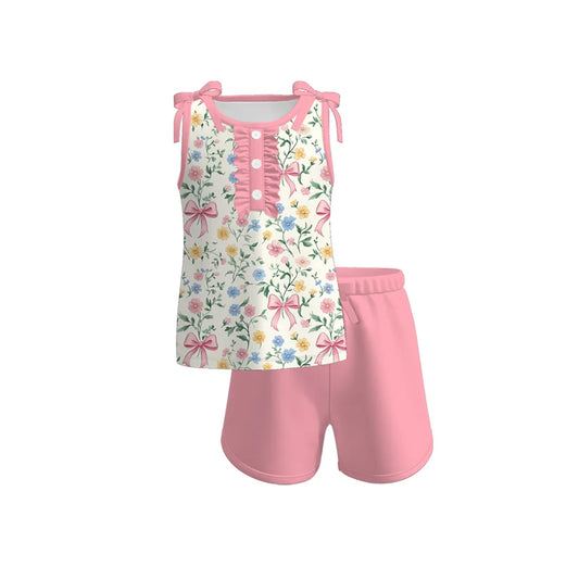 Baby Girls Sleeveless Bows Floral Button Top Pink Short Set Preorder