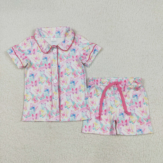 Baby Girls Short Sleeves Colorful Butterfly Butter Top Short Pajamas Sets