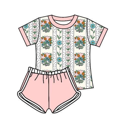 Preorder moq 5 Baby Girls Short Sleeves Floral Stripe Top Short Set