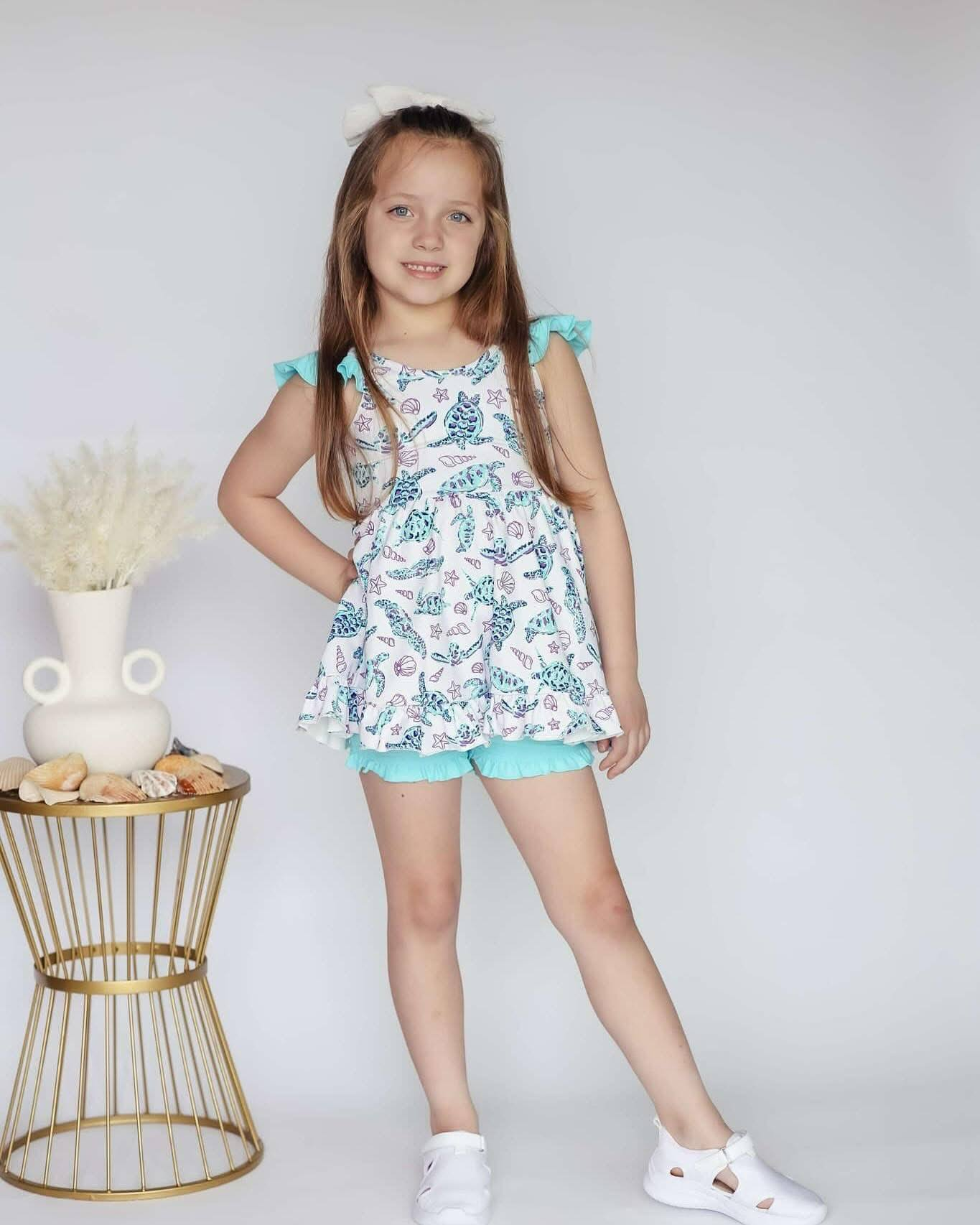 Baby Girls Flutter Sleeves Tortoises Shell Tunic Ruffle Short Set Preorder