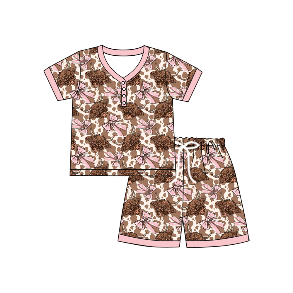 Adult Women Short Sleeves Button Highland Cow Print Pink Bows Top Short Pajamas Sets Preorder