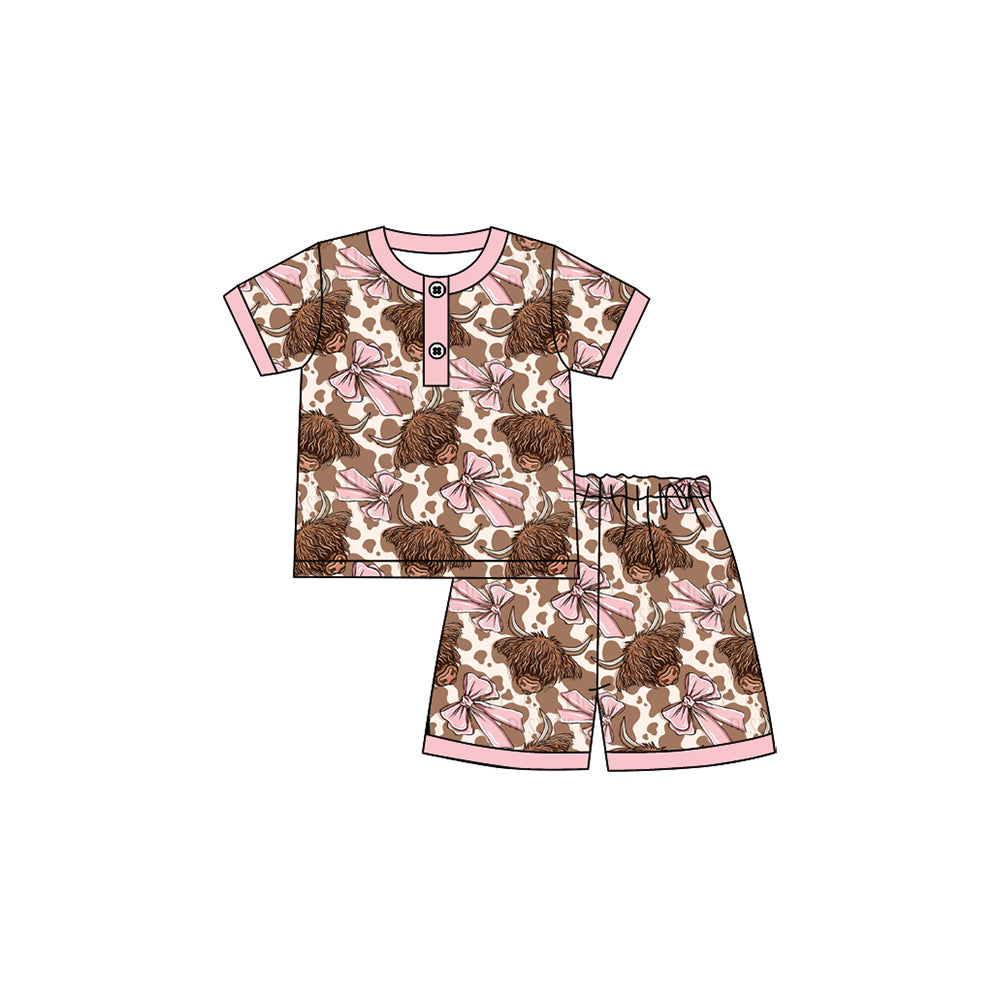Baby Girls Short Sleeves Bows Highland Cows Print Button Top Short Pajamas Set Preorder