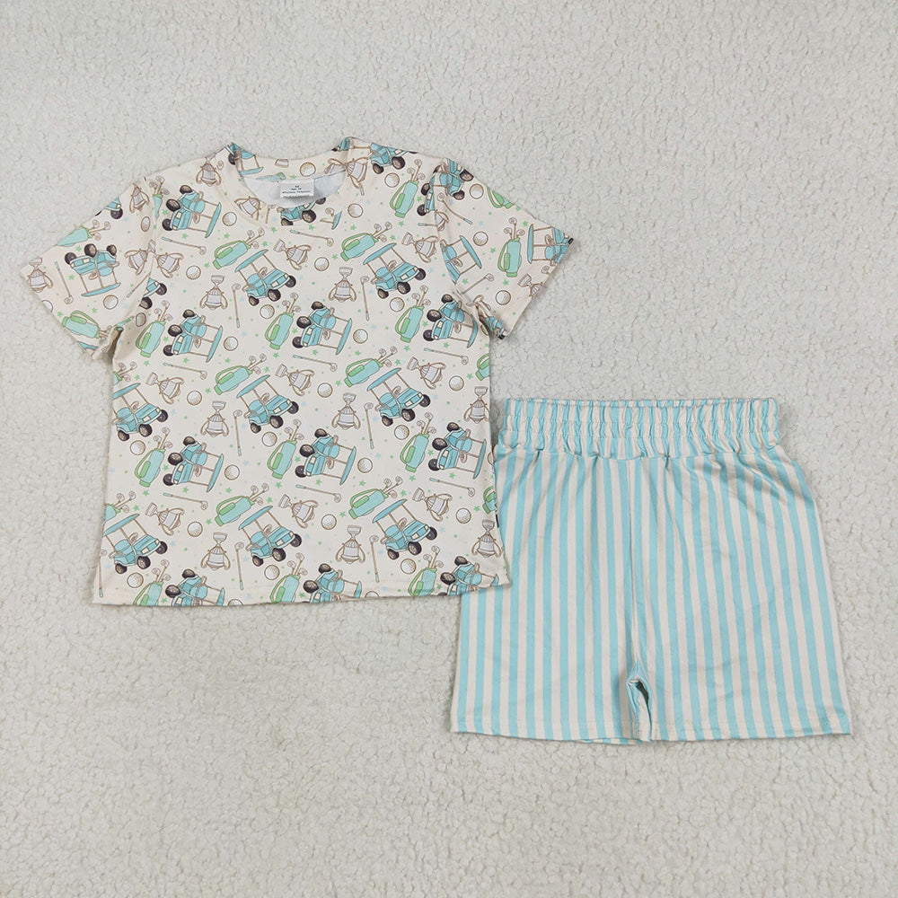 Baby Girls Short Sleeves Golf Top Blue Stripes Shorts Sets