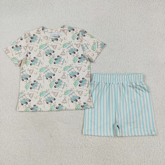 Baby Girls Short Sleeves Golf Top Blue Stripes Shorts Sets