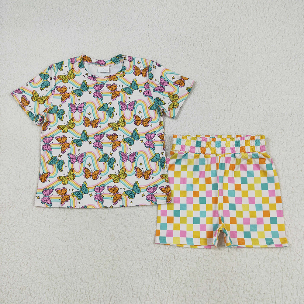 Baby Girls Short Sleeves Butterfly Rainbows Top Colorful Plaid Short Pajamas Sets