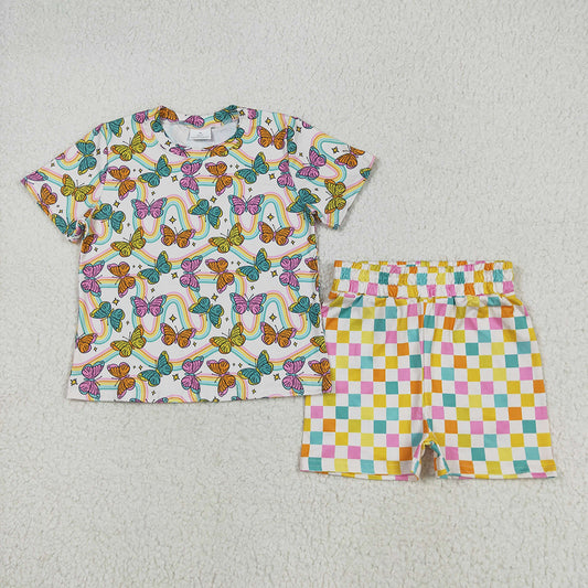 Baby Girls Short Sleeves Butterfly Rainbows Top Colorful Plaid Short Pajamas Sets