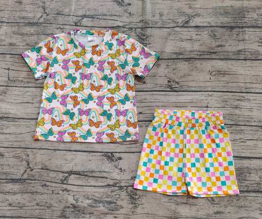 Baby Girls Short Sleeves Butterfly Rainbows Top Colorful Plaid Short Pajamas Sets