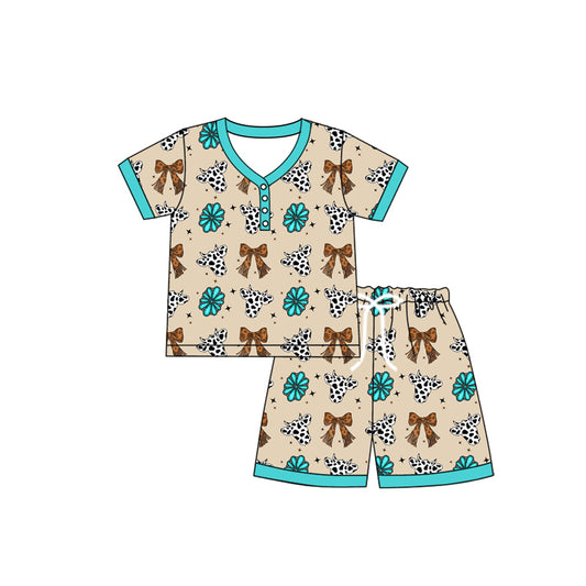 Adult Women Short Sleeves Bows Cow Print Button Top Short Pajamas Sets Preorder