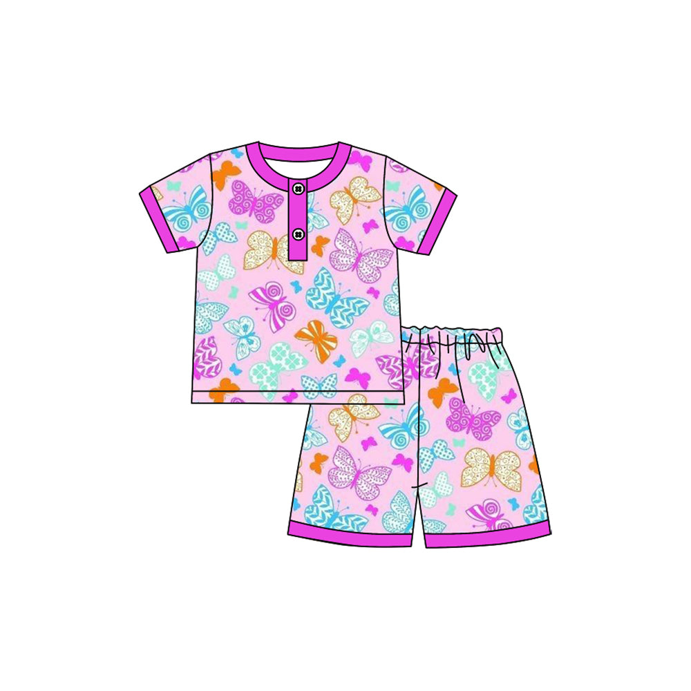 Preorder moq 5 Baby Girls Hot Pink Short Sleeves Butterfly Button Top Short Pajamas Set