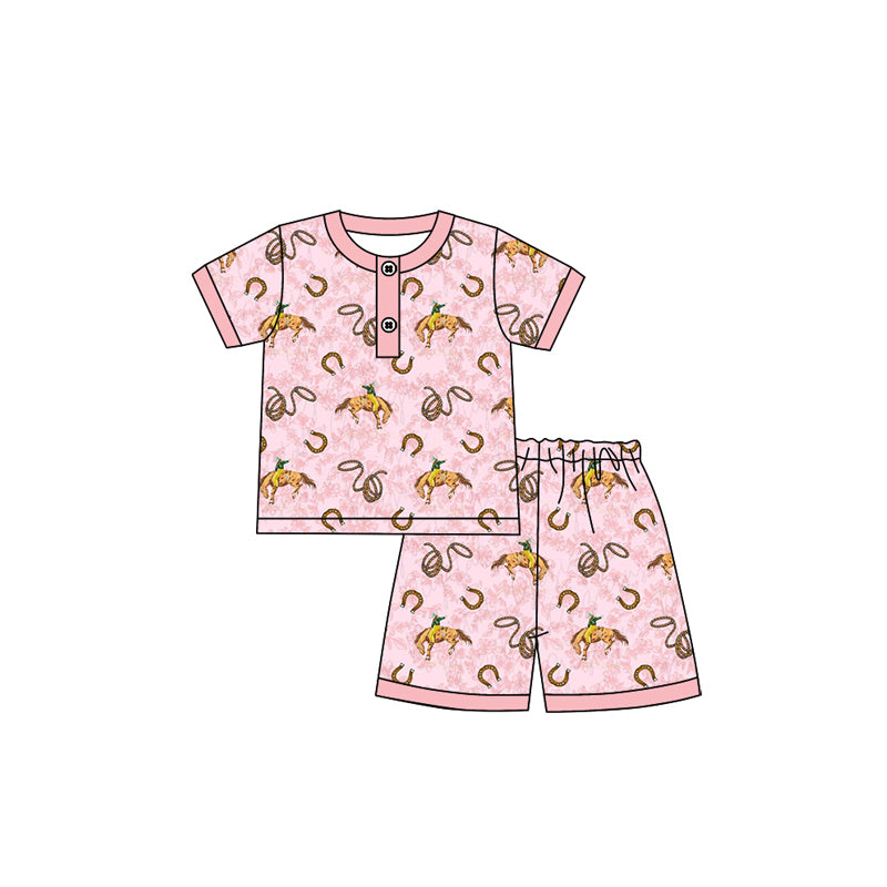 Baby Girls Pink Short Sleeves Horse Rodeos Button Top Short Pajamas Set Preorder