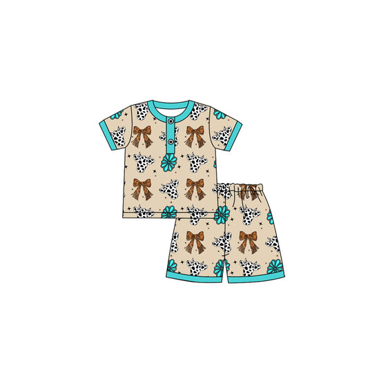 Baby Girls Short Sleeves Bows Cow Print Button Top Short Pajamas Set Preorder