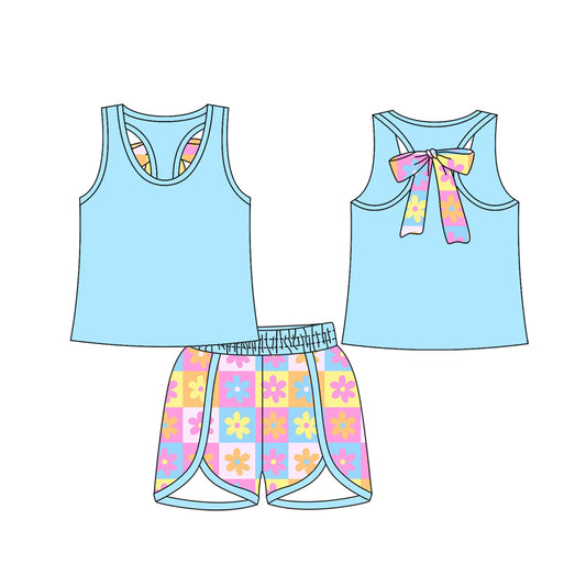 Baby Girls Blue Sleeveless Bow Vest Top Flowers Plaid Shorts Set Preorder