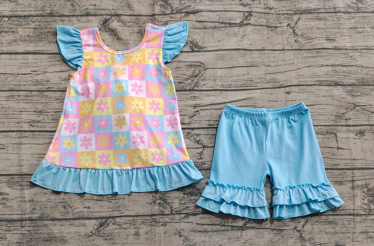 Baby Girls Blue Flutter Sleeves Flowers Plaid Tunic Ruffle Shorts Sets