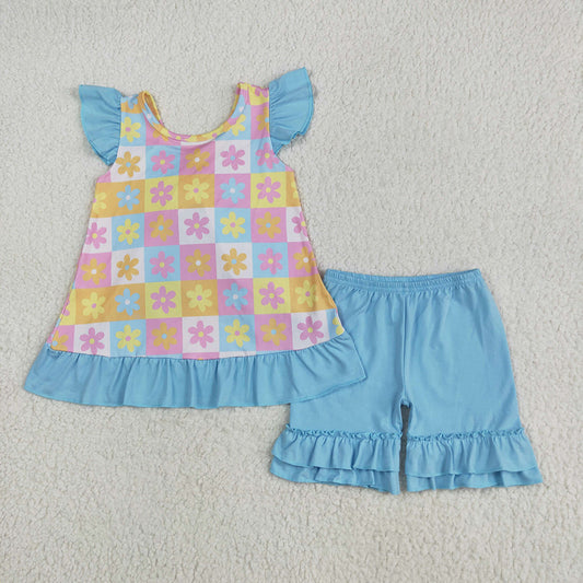 Baby Girls Blue Flutter Sleeves Flowers Plaid Tunic Ruffle Shorts Sets