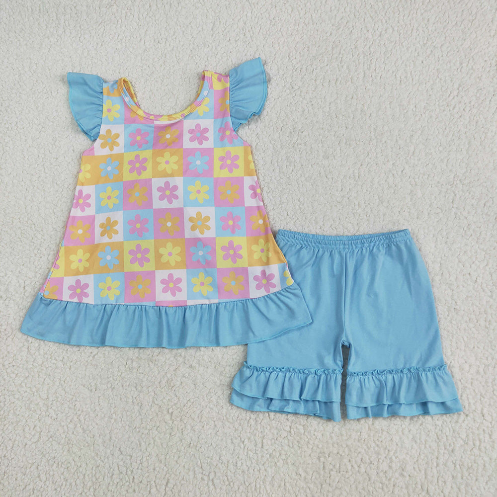 Sibling Baby Girls Blue Top Flowers Rompers Summer Outfits Sets