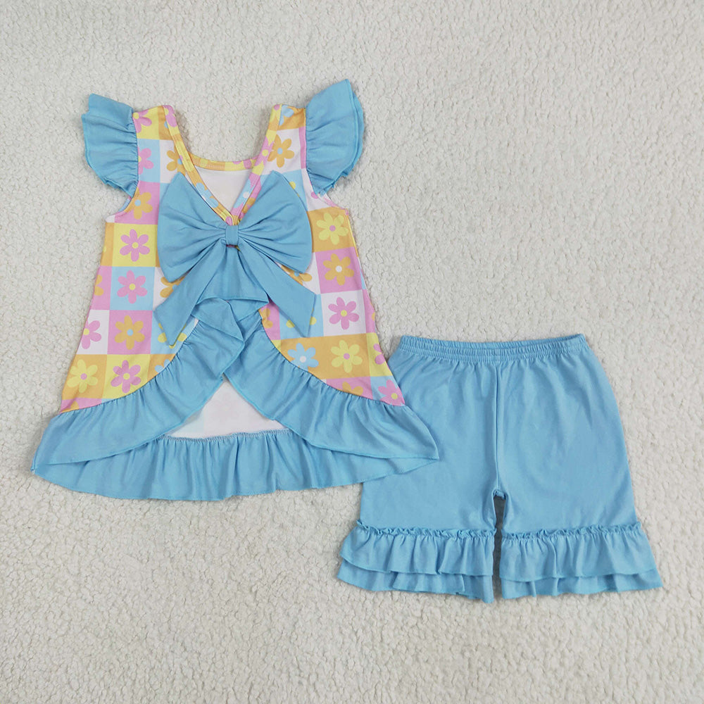 Baby Girls Blue Flutter Sleeves Flowers Plaid Tunic Ruffle Shorts Sets