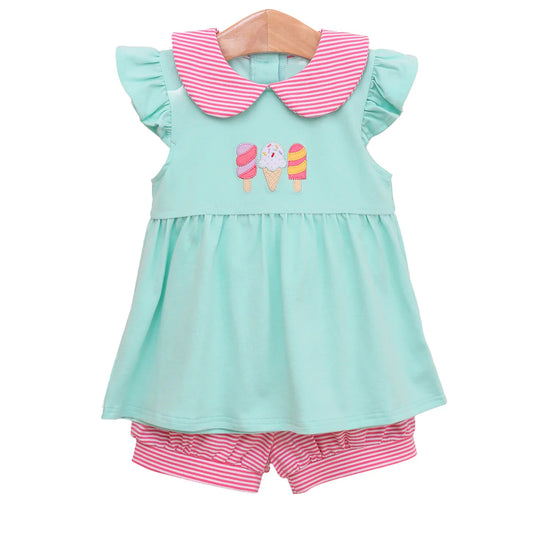 Baby Girls Aqua Flutter Sleeves Popsicle Tunic Pink Stripe Short Set Preorder