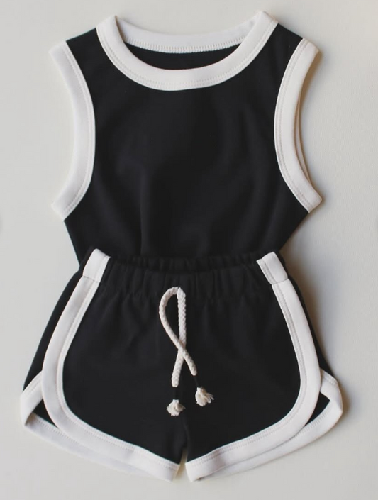 Baby Girls Black Sleeveless Vests Top Sport Shorts Cotton Set Preorder