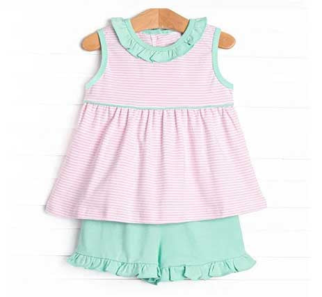 Baby Girls Sleeveless Pink Stripe Tunic Aqua Ruffle Shorts Set Preorder