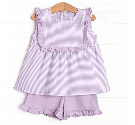 Baby Girls Sleeveless Lavender Stripe Tunic Ruffle Shorts Set Preorder