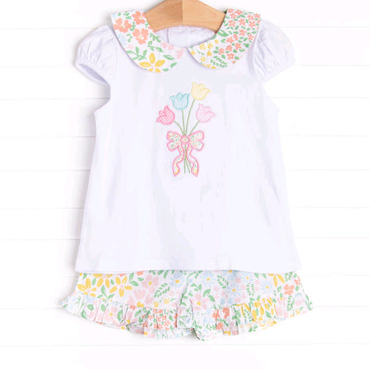 Baby Girls Short Sleeves Flowers Tunic Ruffle Short Set Preorder