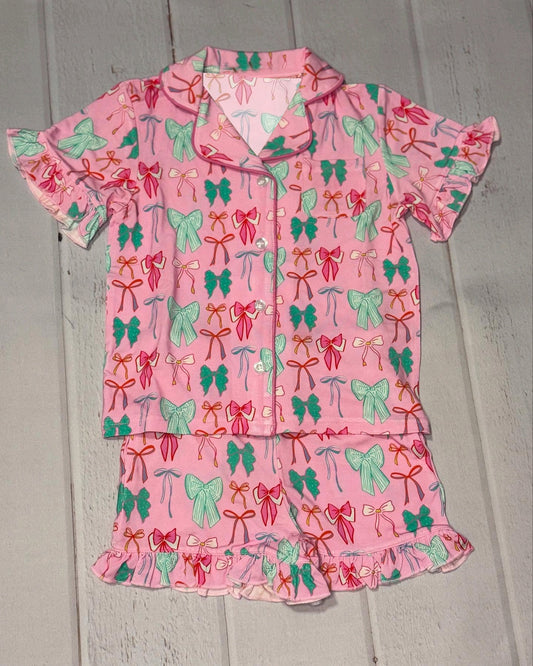 Baby Girls Pink Short Ruffle Sleeves Bows Button Pocket Top Sorts Pajamas Set Preorder