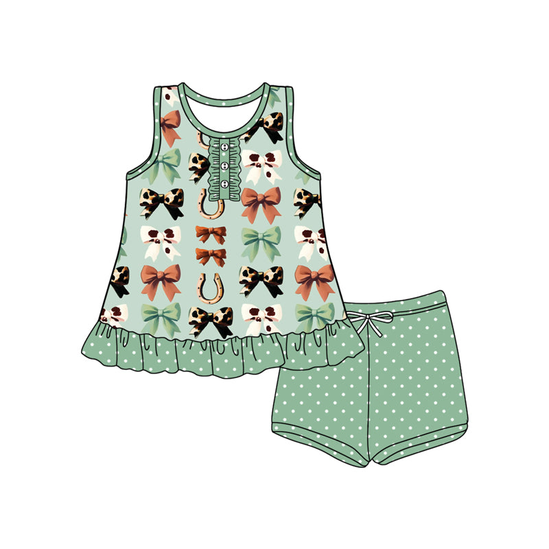 Preorder moq 5 Baby Girls Sleeveless Bows Horse Shoes Button Tunic Polka Dots Short Set
