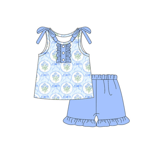 Baby Girls Sleeveless Blue Bows Flowers Button Tunic Ruffle Short Set Preorder