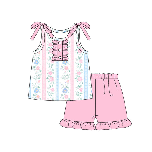 Baby Girls Sleeveless Pink Flowers Stripe Button Tunic Ruffle Short Set Preorder