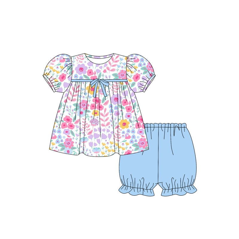 Preorder moq 5 Baby Girls Short Ruffle Sleeves Floral Tunic Blue Short Set