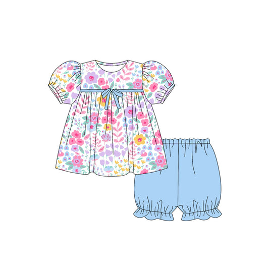 Preorder moq 5 Baby Girls Short Ruffle Sleeves Floral Tunic Blue Short Set