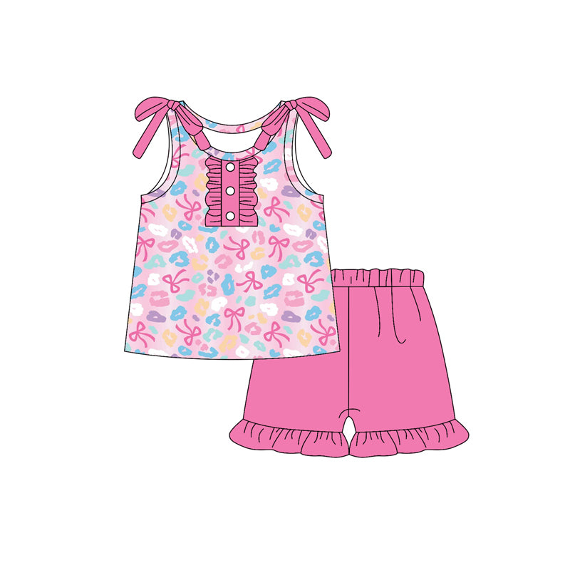Baby Girls Sleeveless Pink Bows Leopard Button Top Ruffle Short Set Preorder