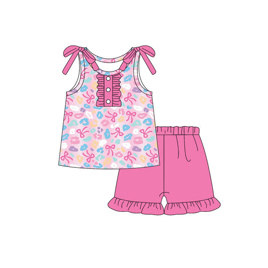 Baby Girls Sleeveless Pink Bows Leopard Button Top Ruffle Short Set Preorder