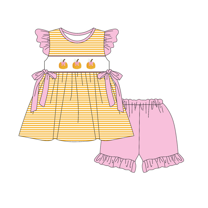 Preorder moq 5 Baby Girls Flutter Sleeves Yellow Stripe Pumpkins Tunic Ruffle Short Set
