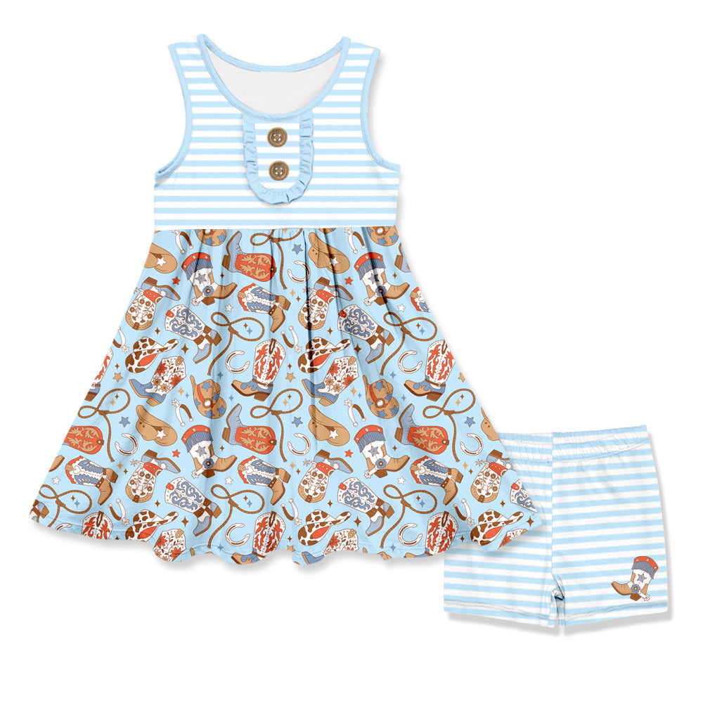 Baby Girls Sleeveless Blue Stripe Button Boots Hats Tunic Short Set Preorder