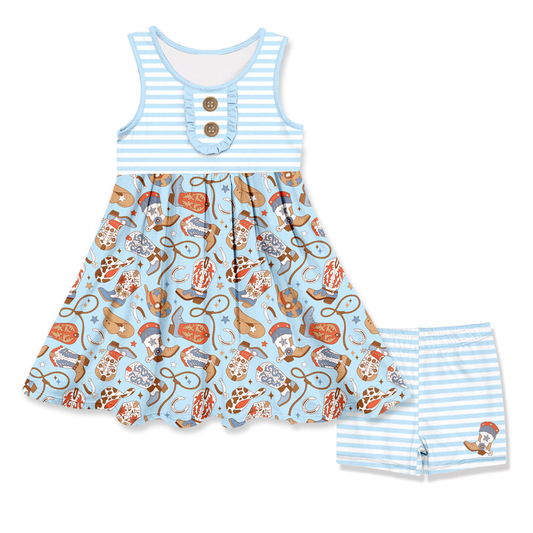 Baby Girls Sleeveless Blue Stripe Button Boots Hats Tunic Short Set Preorder