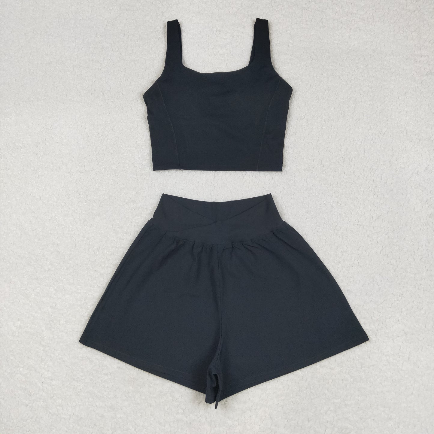 USA Adult Women Black Strap Vest Top Short Bottom Yoga Active Set