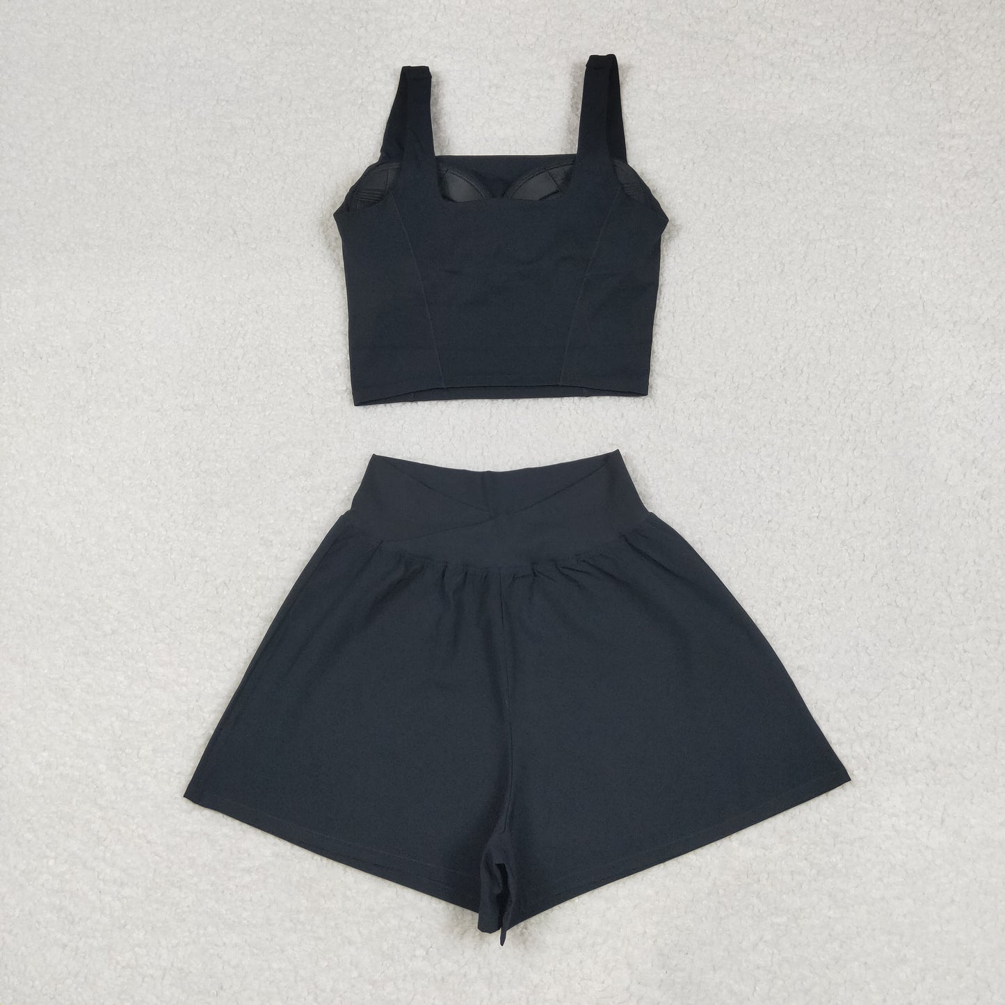 USA Adult Women Black Strap Vest Top Short Bottom Yoga Active Set