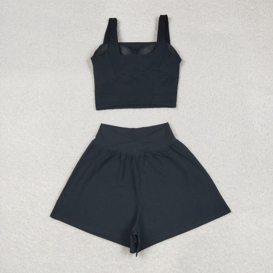 USA Adult Women Black Strap Vest Top Short Bottom Yoga Active Set