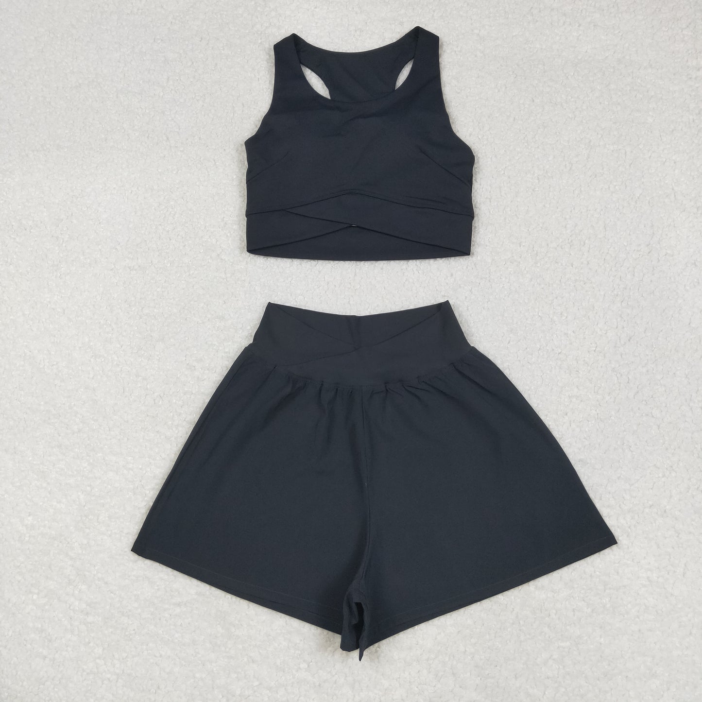 USA Adult Women Black Sleeveless Vests Top Short Bottom Yoga Active Set