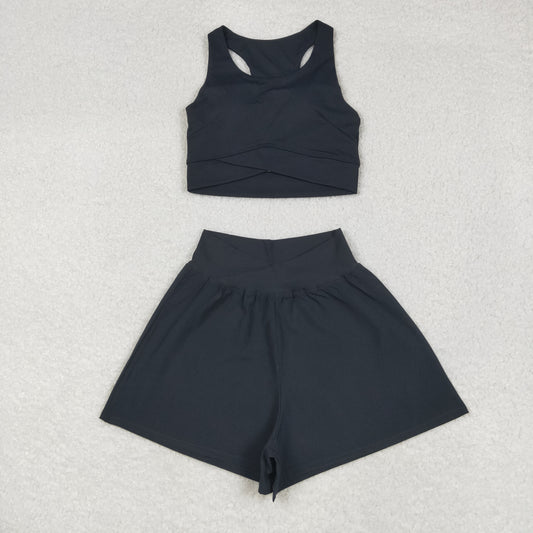 USA Adult Women Black Sleeveless Vests Top Short Bottom Yoga Active Set