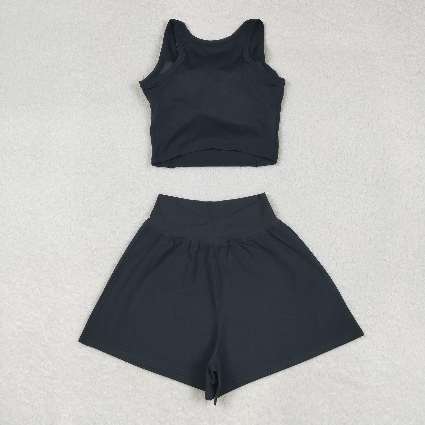 USA Adult Women Black Sleeveless Shirts Top Short Bottom Yoga Active Set