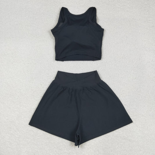 USA Adult Women Black Sleeveless Shirts Top Short Bottom Yoga Active Set