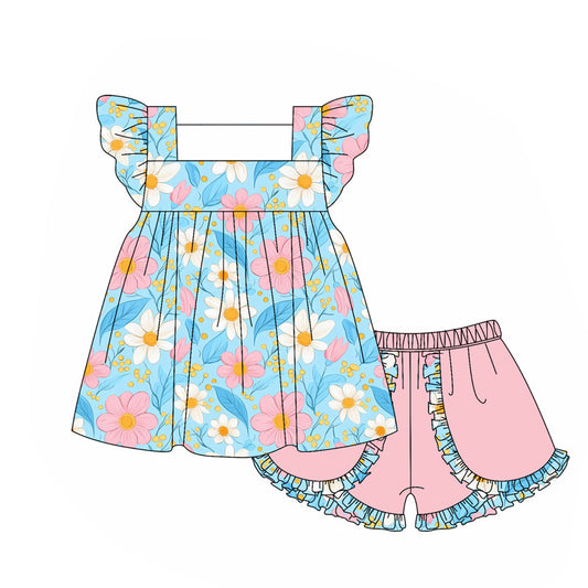 Baby Girls Blue Flutter Sleeves Daisy Flowers Tunic Pink Ruffle Shorts Set Preorder