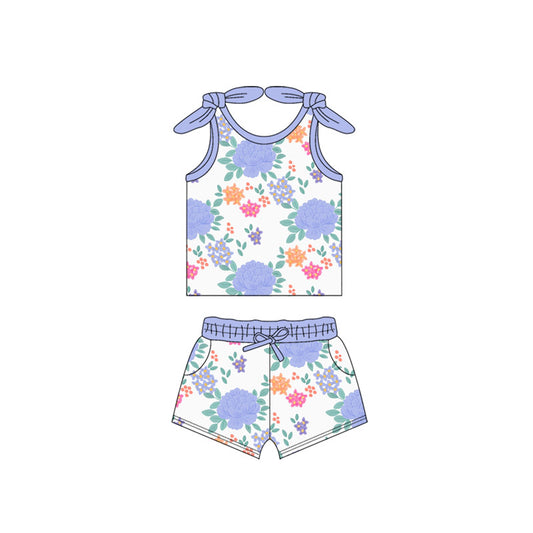 Baby Girls Sleeveless Lavender Flowers Vest Top Pockets Short Sets Preorder