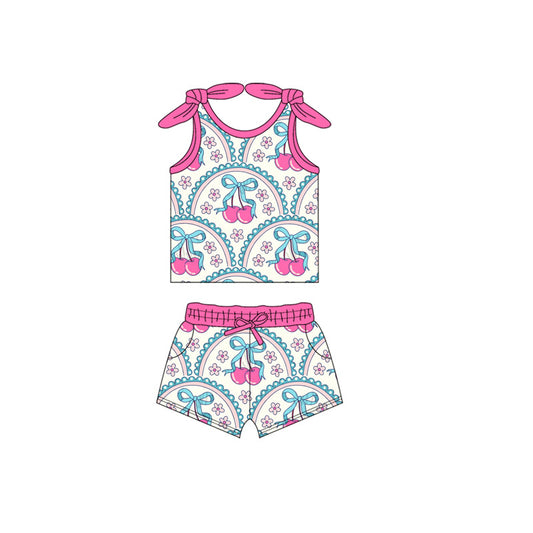 Baby Girls Sleeveless Pink Flowers Bows Cherry Vest Top Pockets Short Sets Preorder