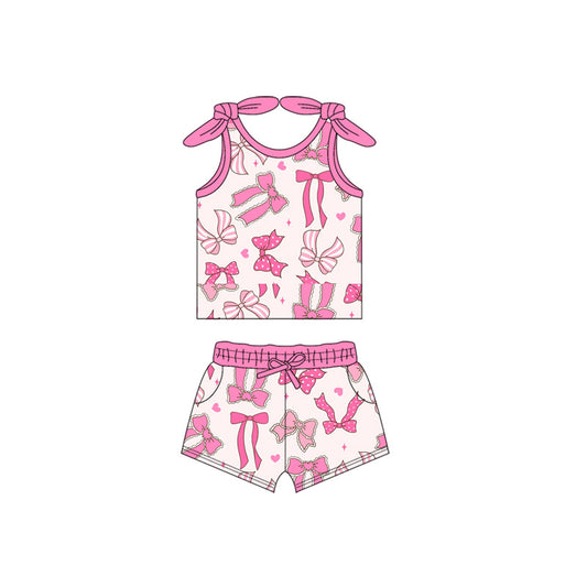 Baby Girls Sleeveless Pink Bows Hearts Vest Top Pockets Short Sets Preorder